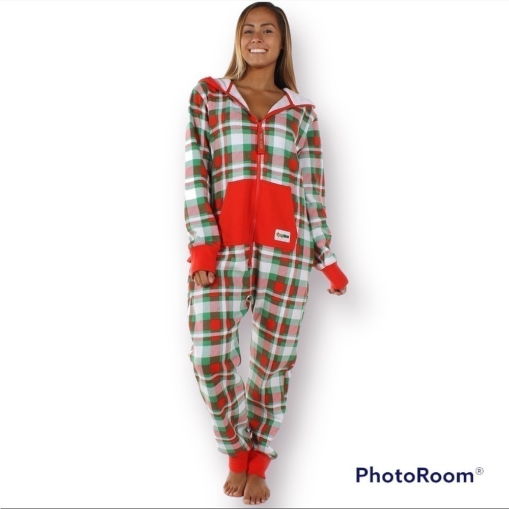 Tipsy Elves Plaid Christmas Hooded Onesie – Unisex – Men's L / Women's XL